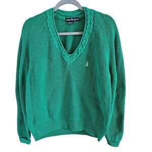 Nautica Men's Size M Kelly Green Chunky Cotton Sweater With Logo V Neck Cabled